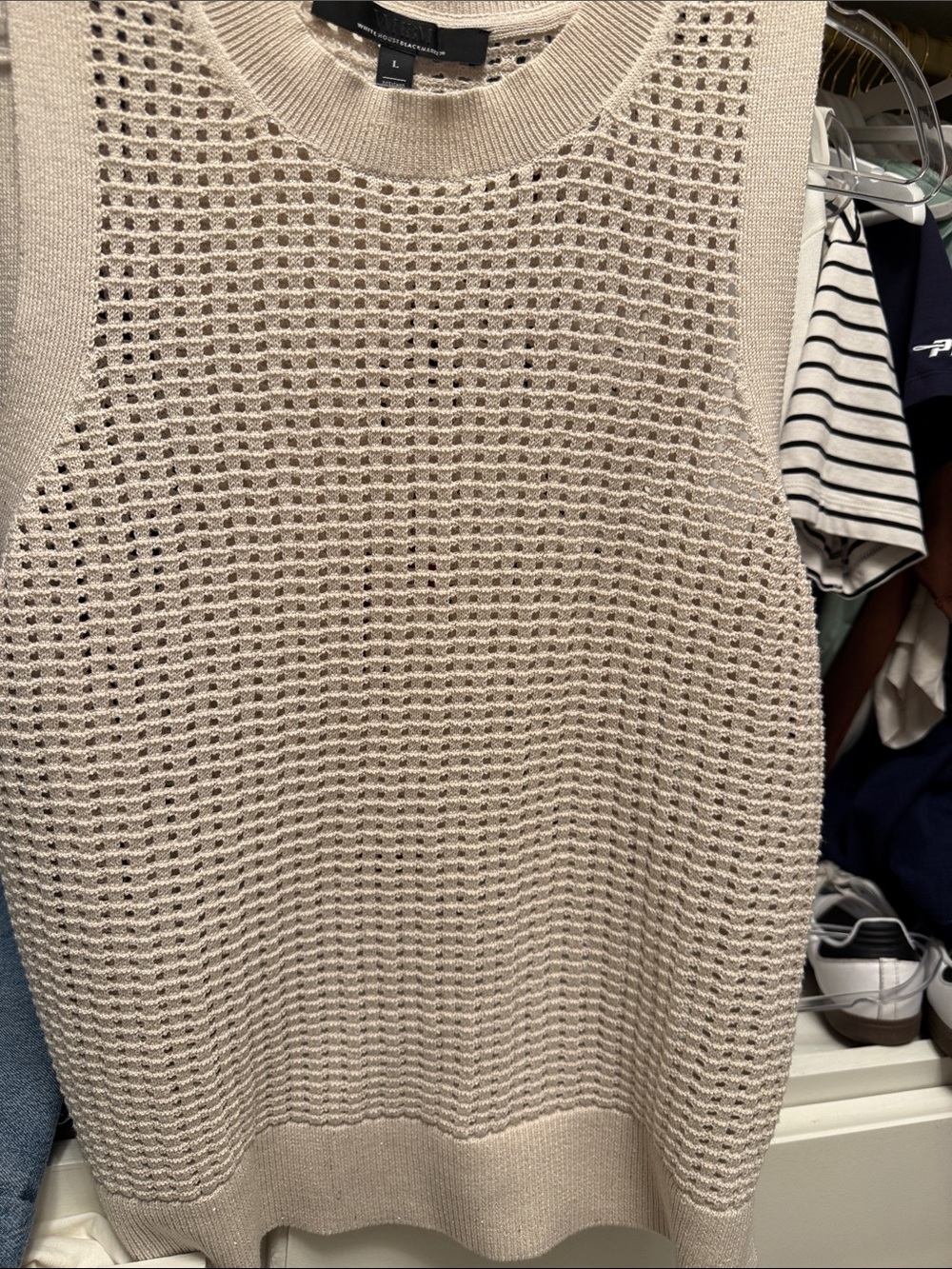 White House Black Market Open-Knit Sleeveless Crewneck Sweater Vest in Beige